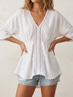 Blanco by Nature Womens White Peru Cotton Tunic Sz Med Crochet Boho Ethereal